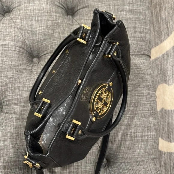 Tory Burch Bag Black and Gold Pebbled Leather Shoulder Bag with Strap - Picture 10 of 17